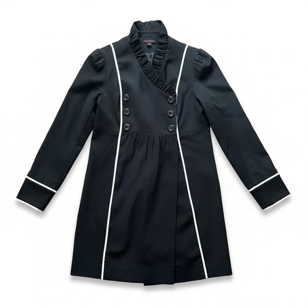 Betsey Johnson Black Dress Coat White Piping Princess Structured Size 10 - Picture 5 of 13
